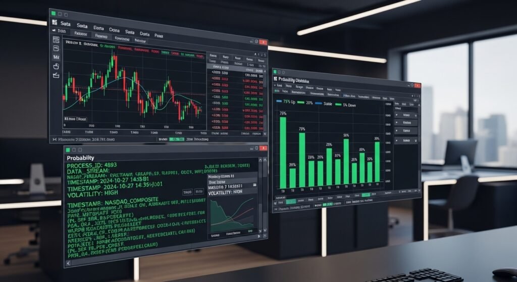 복잡한 데이터와 전략 지표가 표시된 전문 분석 터미널 화면