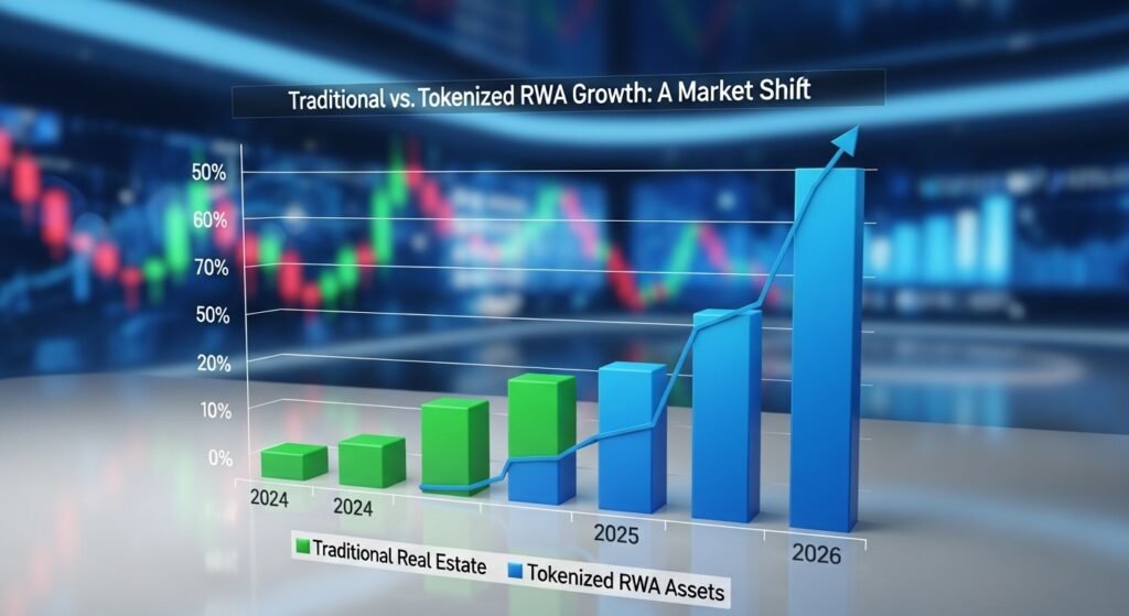 전통 금융 자산과 RWA 토큰화 자산의 성장률 비교 그래프